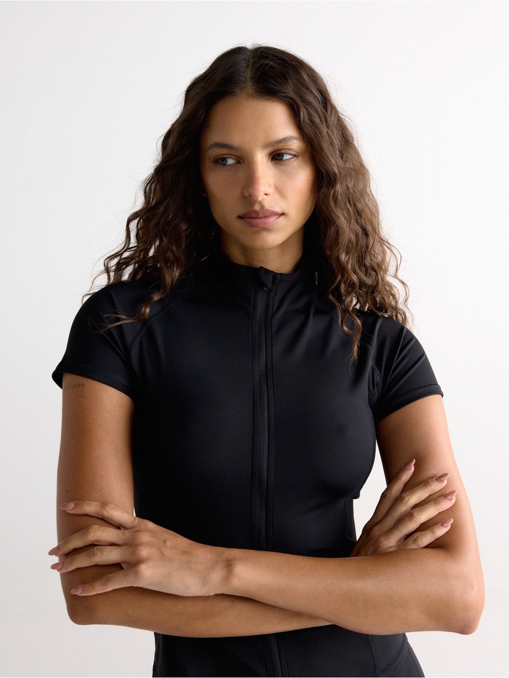 Adanola Ultimate Short Sleeve Zip Up Top in Black - M